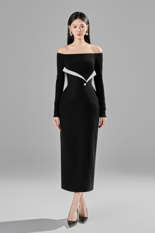 Lovely off-shoulder pencil dress with lapel detail