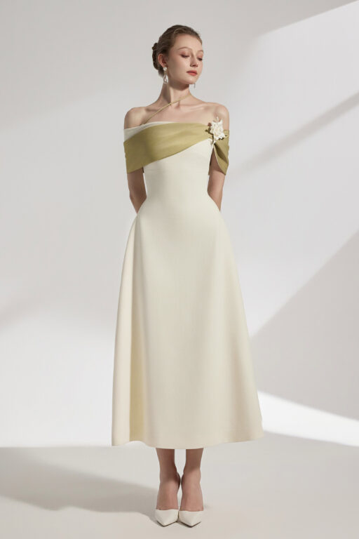 Sylva Two-tone Draping Off-shoulder Midi Dress