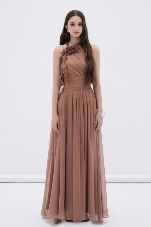 Mireille halter neck maxi dress with flower ruffles DN0756