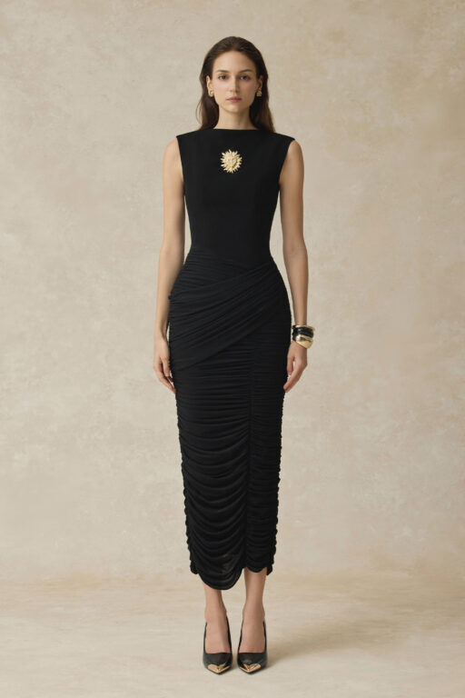Elio Ruched midi dress with fitted silhouette
